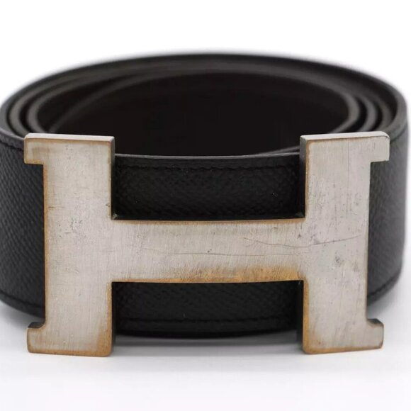 HERMÈS 95 H Guillochee Buckle Reversible Belt Noir/Silver Leather Strap - Picture 1 of 15